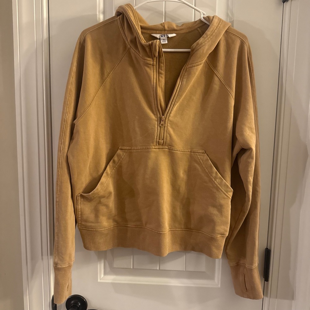 JoyLab Womens Quarter Zip Hoodie Mustard Tan Thumbhole Activewear Sweatshirt M
